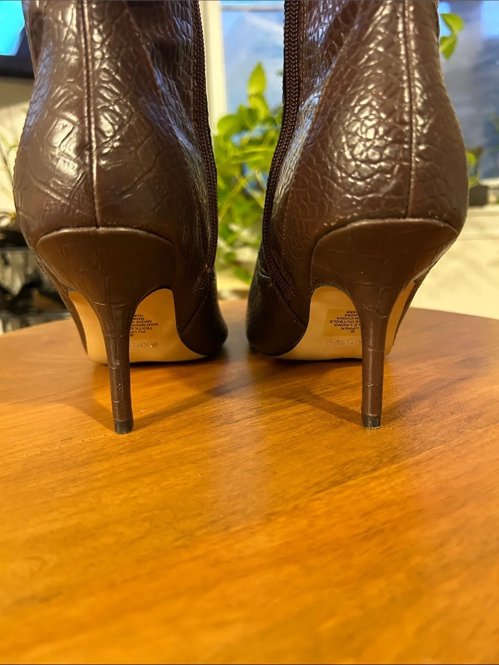 Brown Croc-Embossed Knee High Pointed-Toe Boots